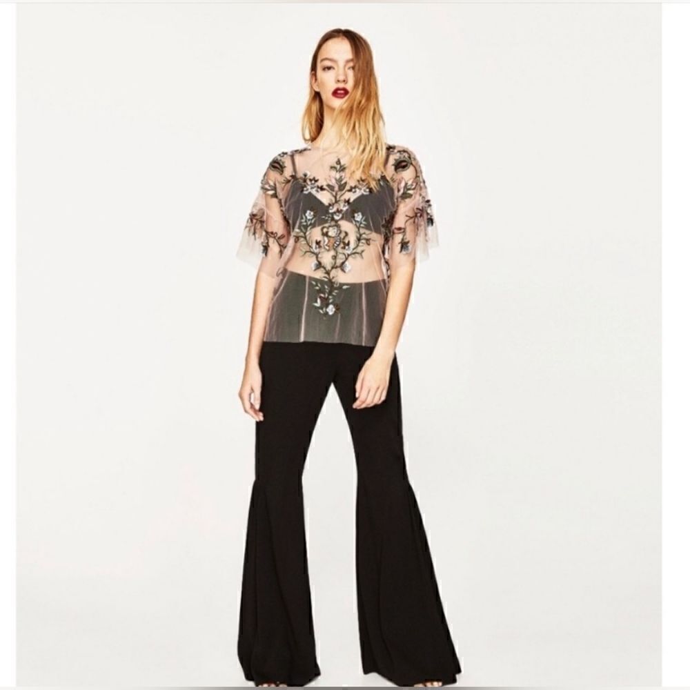 Zara Woman Black Floral Embroidered Tulle Blouse Womens Size Medium - Picture 4 of 12